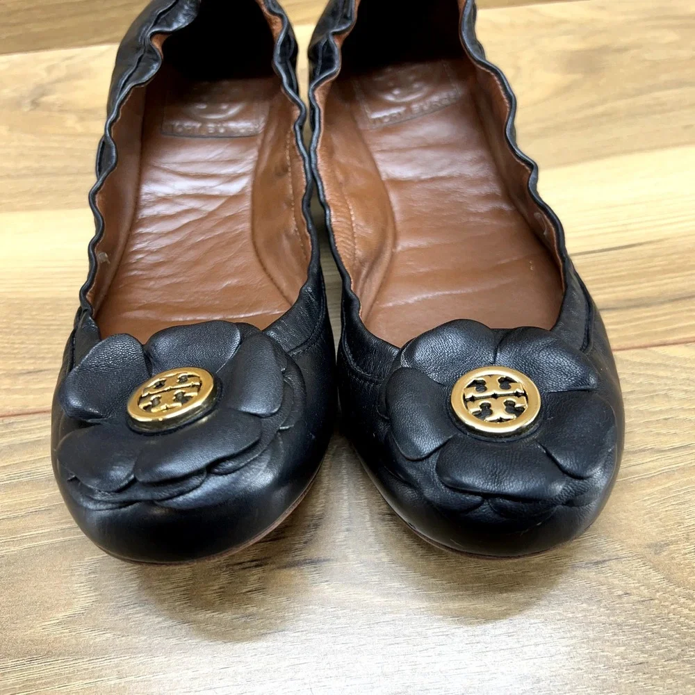 Tory Burch Women Flats 6 M Shelby Black Flower Applique Stretch Ballet